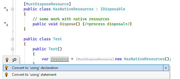 ReSharper: Dispose analysis. Enforce 'using' directive ReSharper: Dispose analysis. Enforce 'using' directive