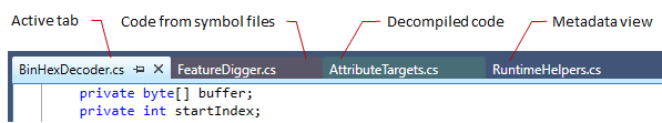 dotPeek: さまざまなコード表示モードのタブの色 dotPeek: さまざまなコード表示モードのタブの色