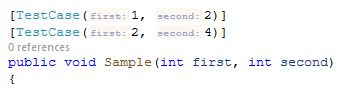 ReSharper: Inlay hings for NUnit TestCase attribute ReSharper: Inlay hings for NUnit TestCase attribute