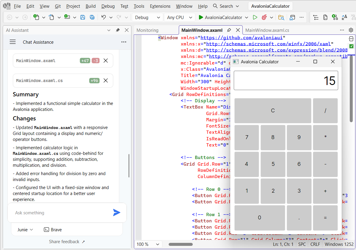 ReSharper: Creating a calculator in Avalonia with Junie