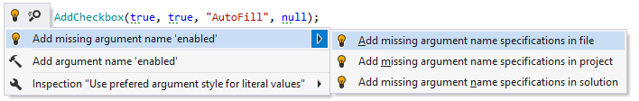 ReSharper: A quick fix that helps you add or remove argument names