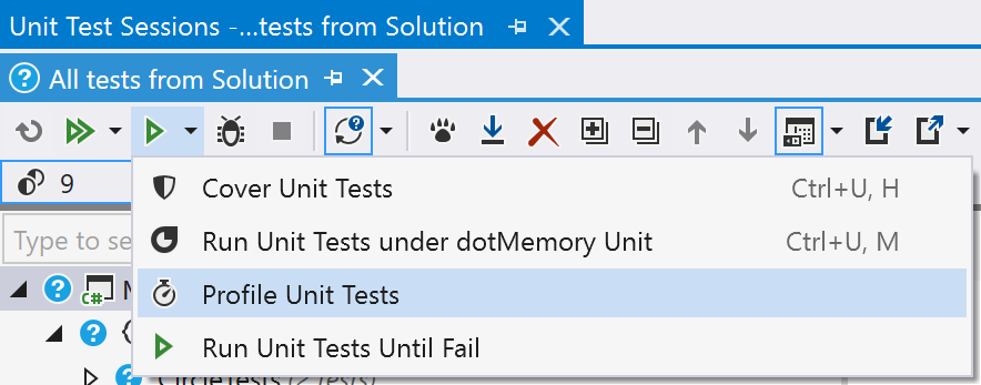 Profile Unit Tests toolbar Profile Unit Tests toolbar