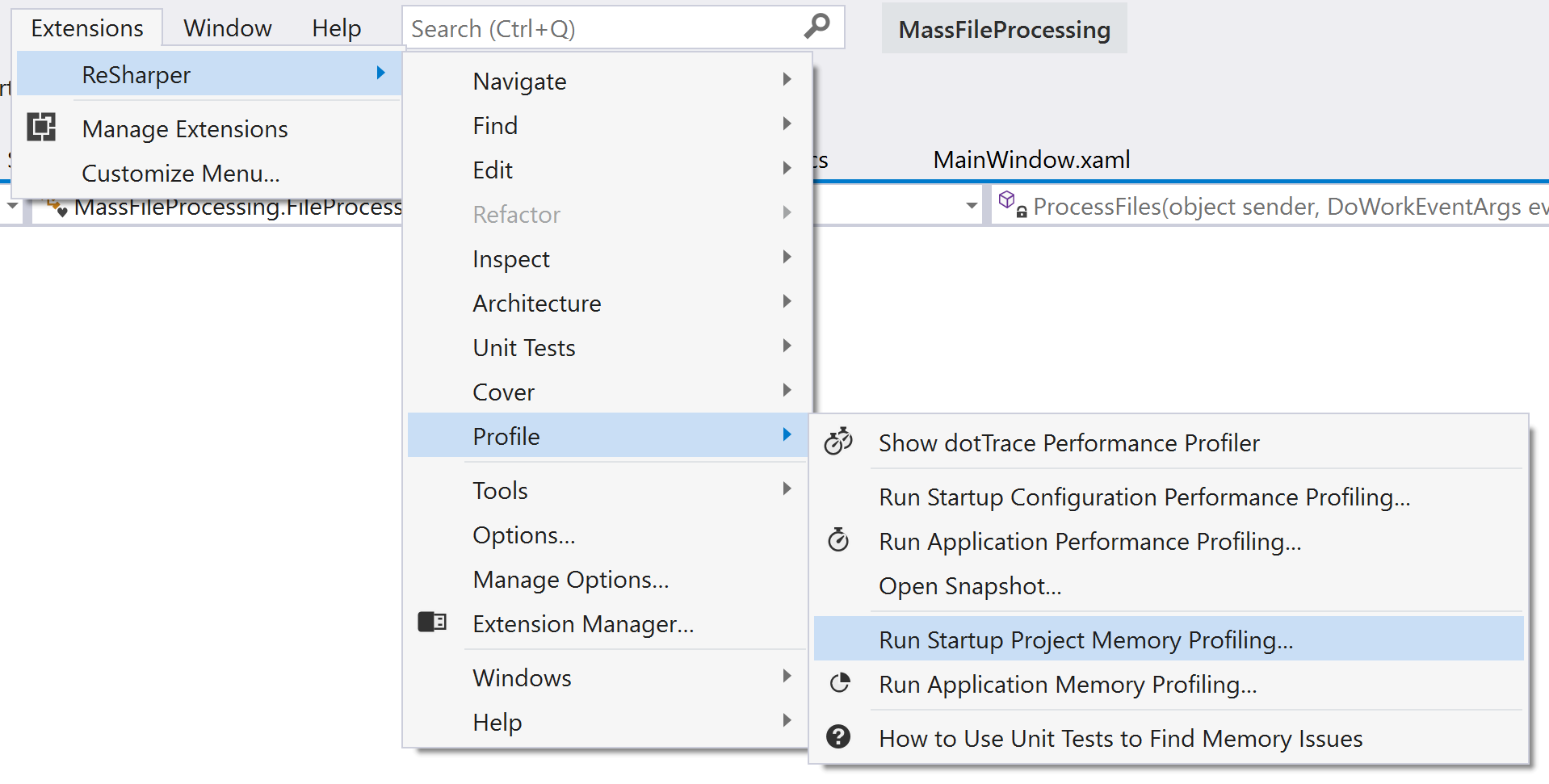 在 Visual Studio 中运行 dotMemory 在 Visual Studio 中运行 dotMemory