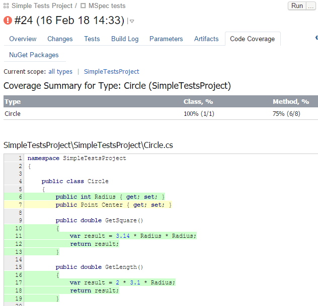 TeamCity。 MSpec テストカバレッジがソースコード上に表示 TeamCity。 MSpec テストカバレッジがソースコード上に表示