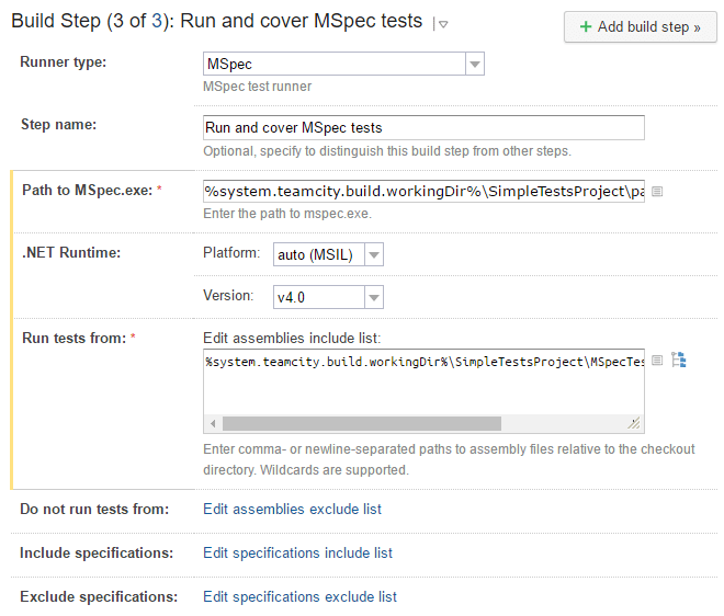 TeamCity。 MSpec テストランナーステップ TeamCity。 MSpec テストランナーステップ