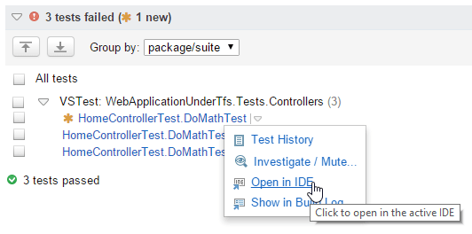 Failed tests in the TeamCity web interface Failed tests in the TeamCity web interface