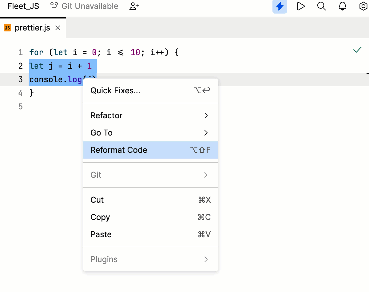 Reformat a code selection with Prettier