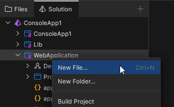 JetBrains Fleet: New C# file in the Files view