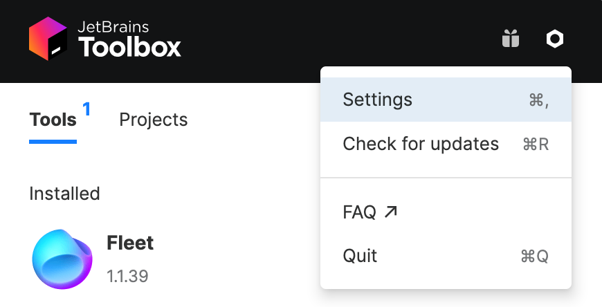 Toolbox settings menu