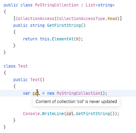 Using JetBrains.Annotations to improve code analysis of collection access