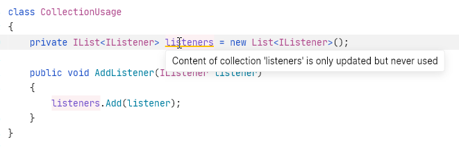 JetBrains Fleet warns you that a collection is never read.