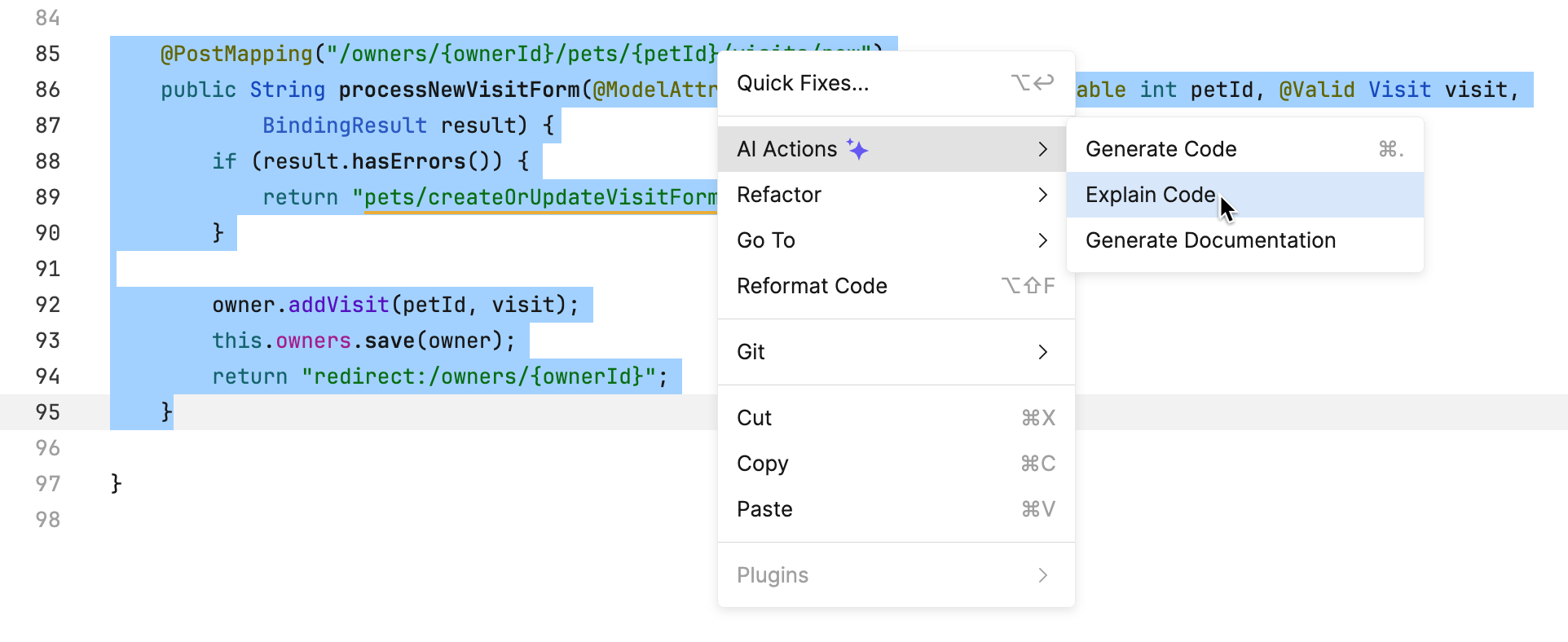 Context menu for selected code block with 'Explain code' item in it