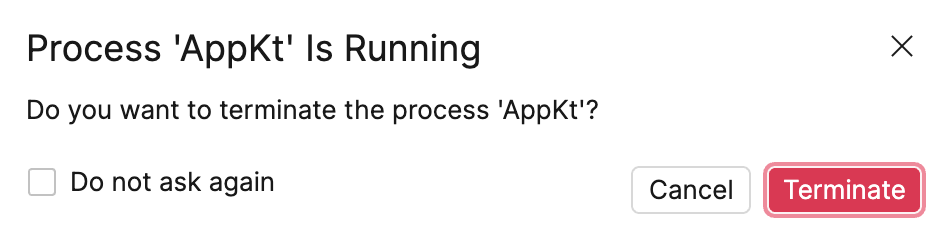 A confirmation dialog shows asking if you really want to terminate the process
