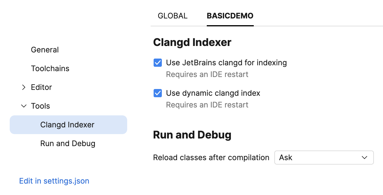 The clangd indexer settings