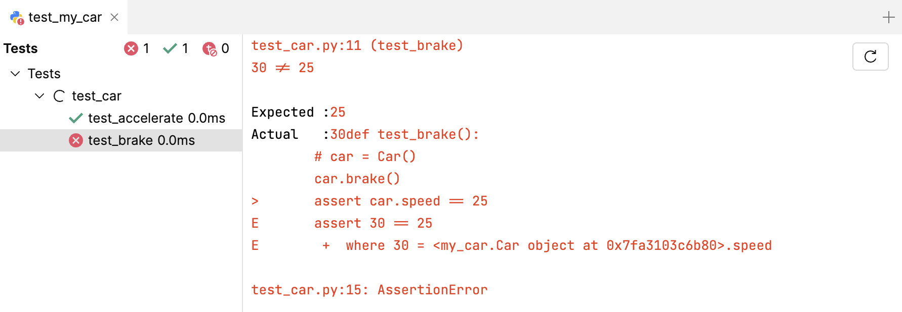 Failed test_brake method details