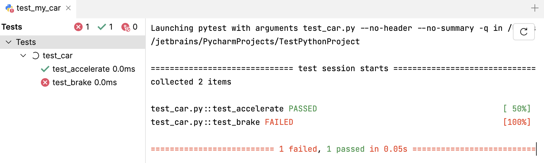 Pytest results in terminal