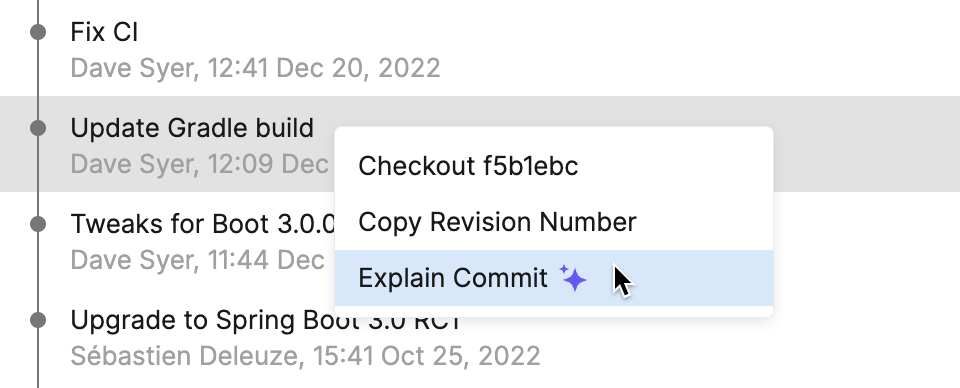 Right-clicking a commit shows a context menu where you can choose to explain the commit