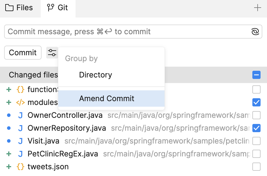 Amend Commit option in the settings menu of the Git tool