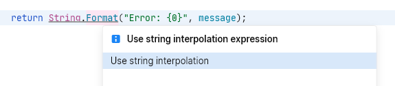 JetBrains Fleet: Converting a usage of String.Format to string interpolation