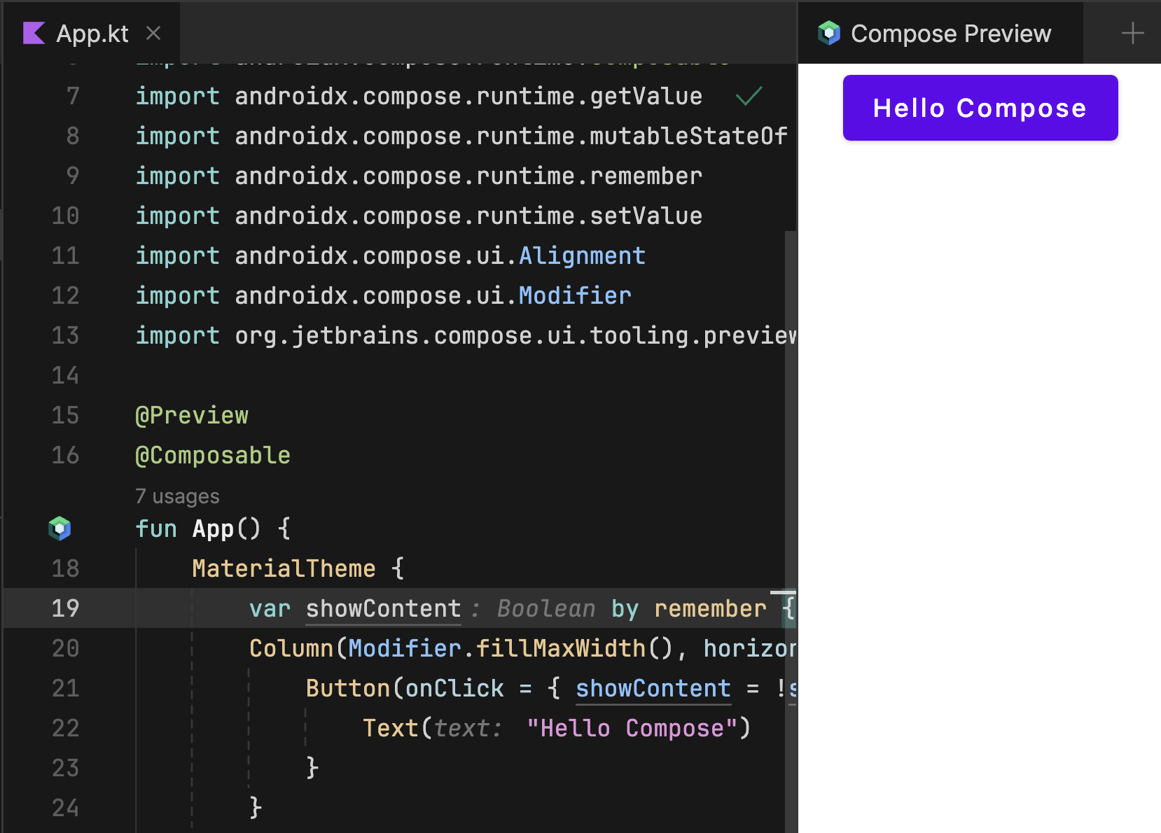 Annotated composable function with a preview built in the Compose Preview tool window.