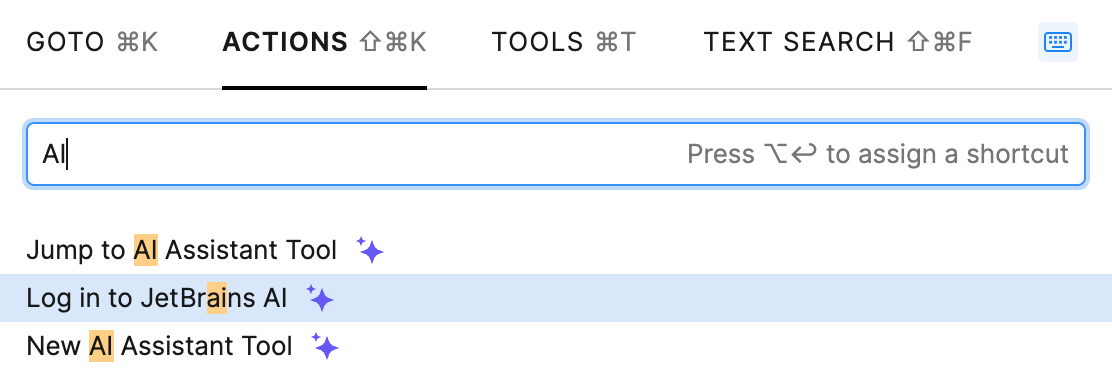 Log in to JetBrains AI action in the Go to Action dialog