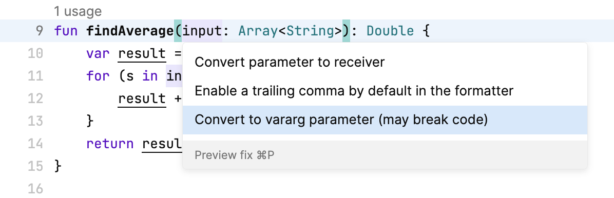 A popup with code actions A popup with code actions