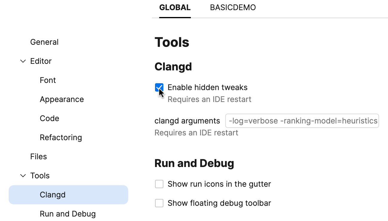 The clangd settings The clangd settings