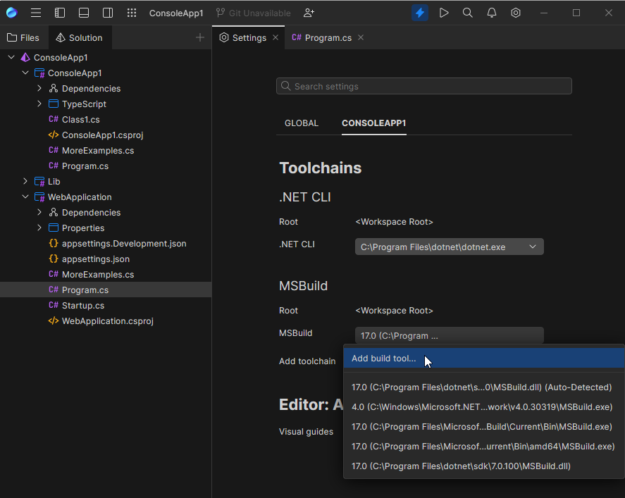 .NET CLI and MSBuild are configurable in JetBrains Fleet settings