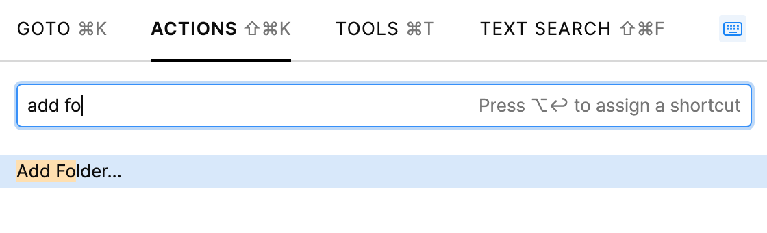 Searching for the Add Folder action using the Go to popup