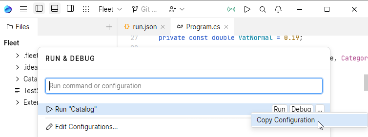 JetBrains Fleet: Copy run configuration.