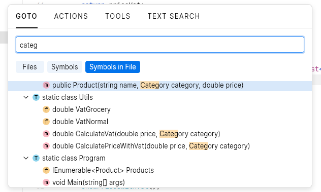 JetBrains Fleet: Go to symbols in file in C#