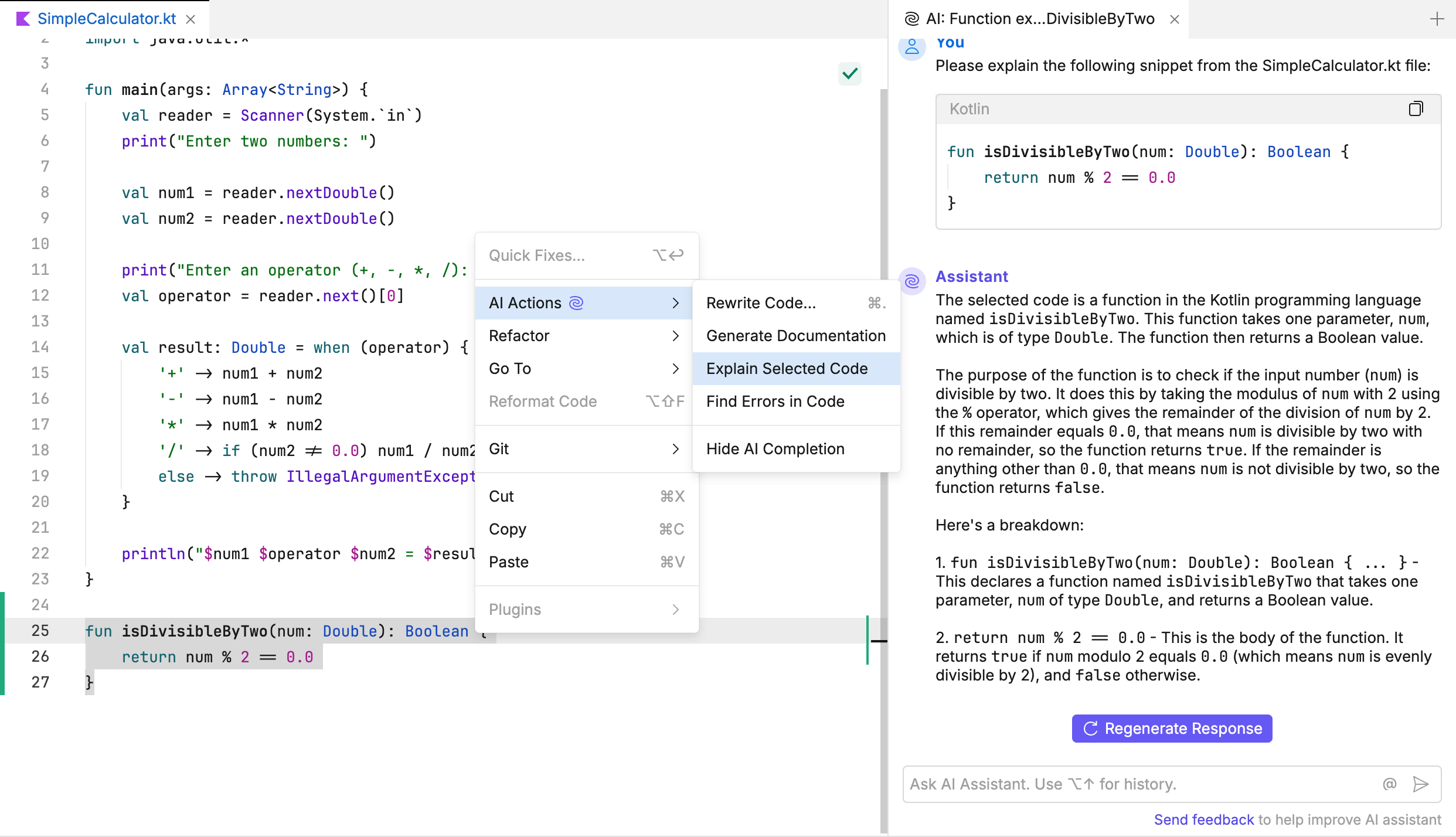 JetBrains Fleet AI Assistant explains code