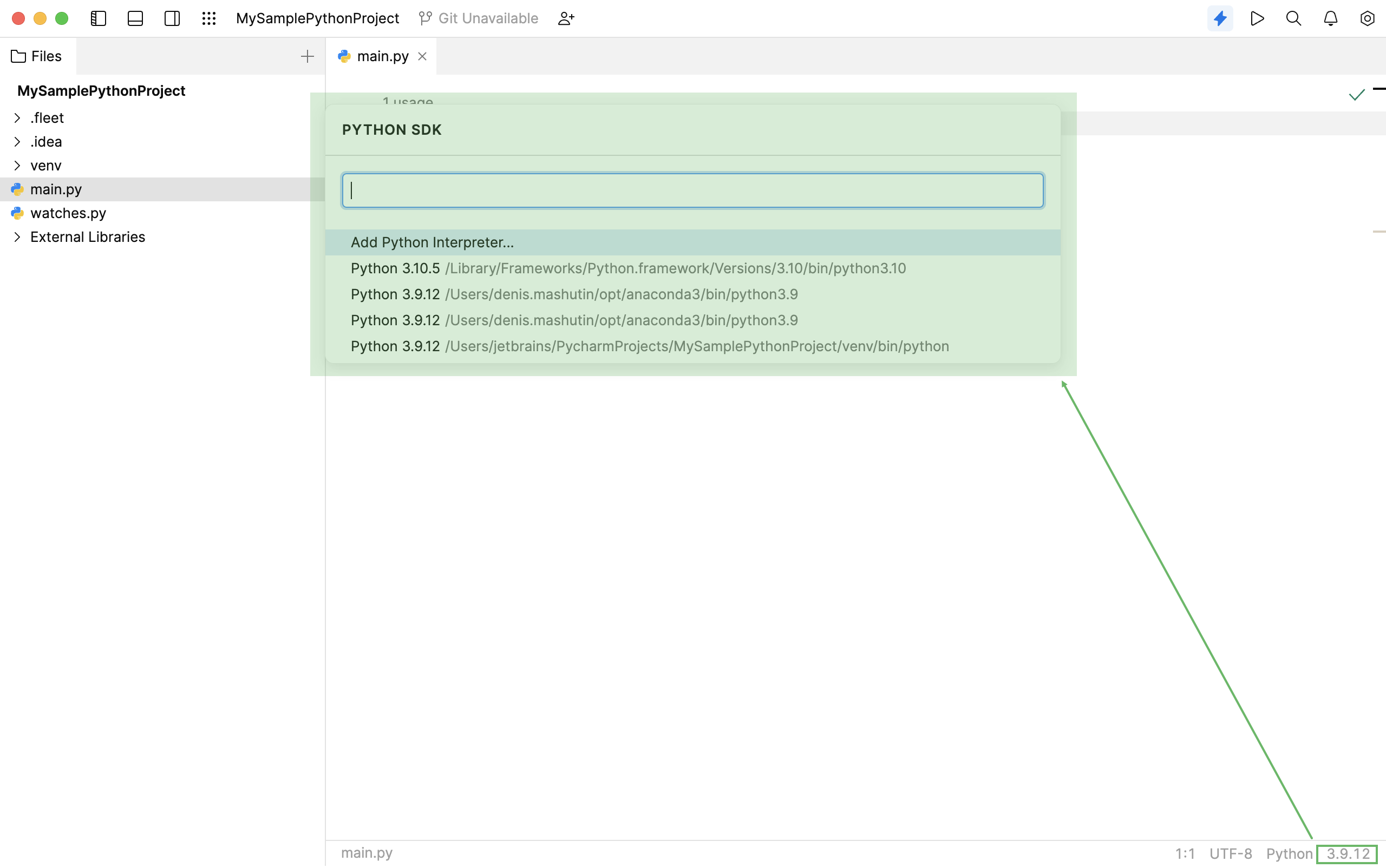 Selecting a Python interpreter in the widget