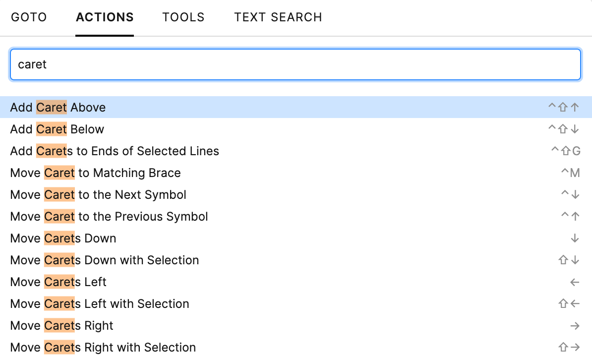 Searching for actions related to caret using Go to popup