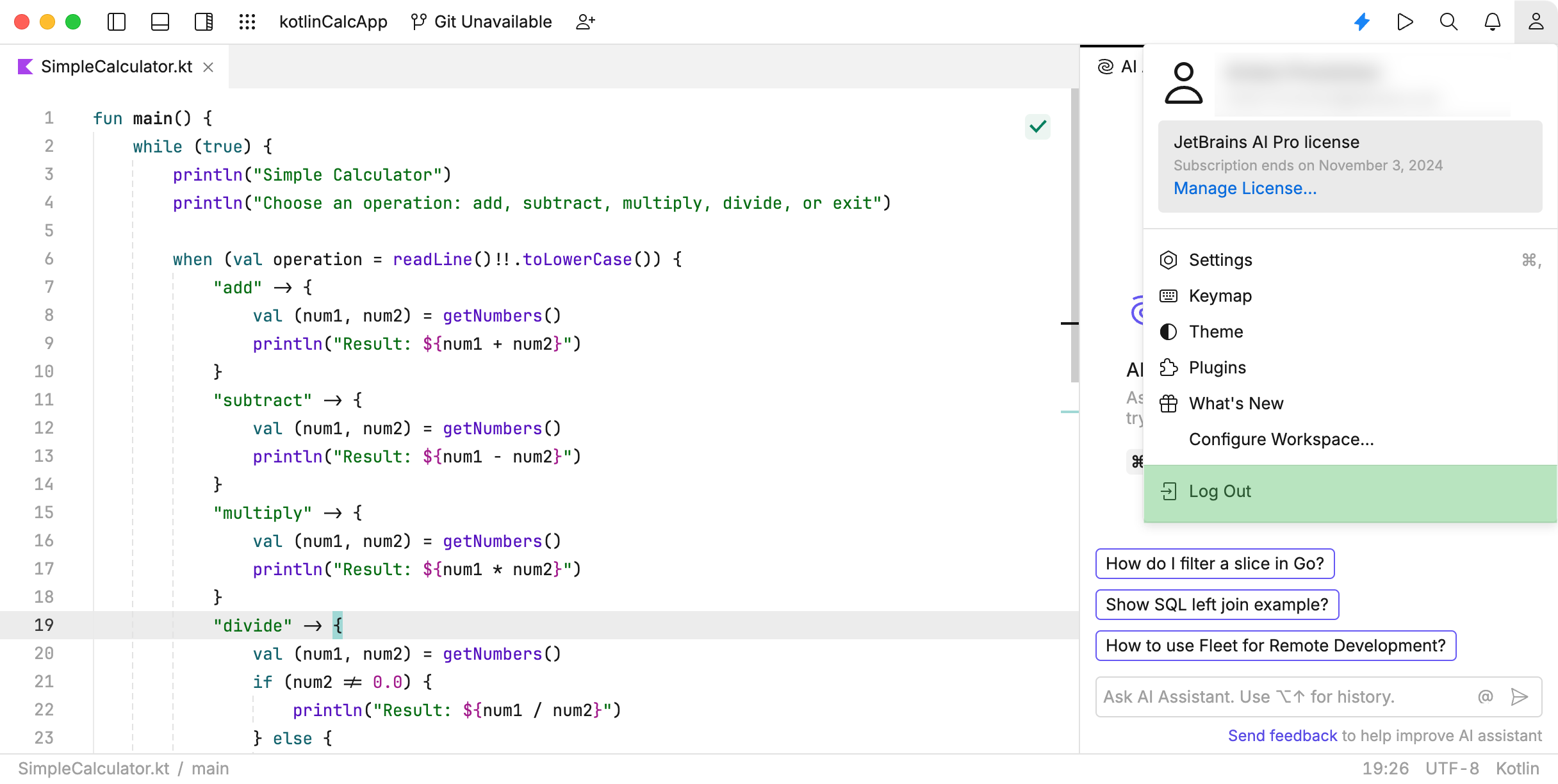 Log out of JetBrains AI action in the Go to Action dialog