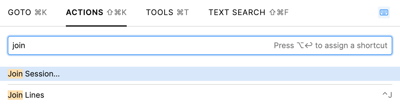 Searching for the Join Session action using the Go to popup