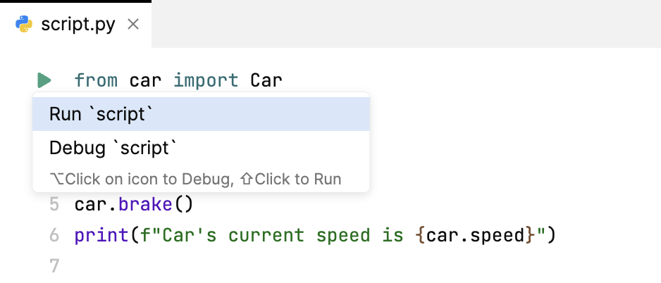 A menu appears on clicking run icons in the gutter
