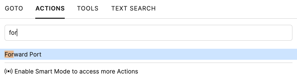 Searching for the Forward Port action in the Go to popup