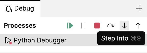 Step into button located in the top part of the Debug tool