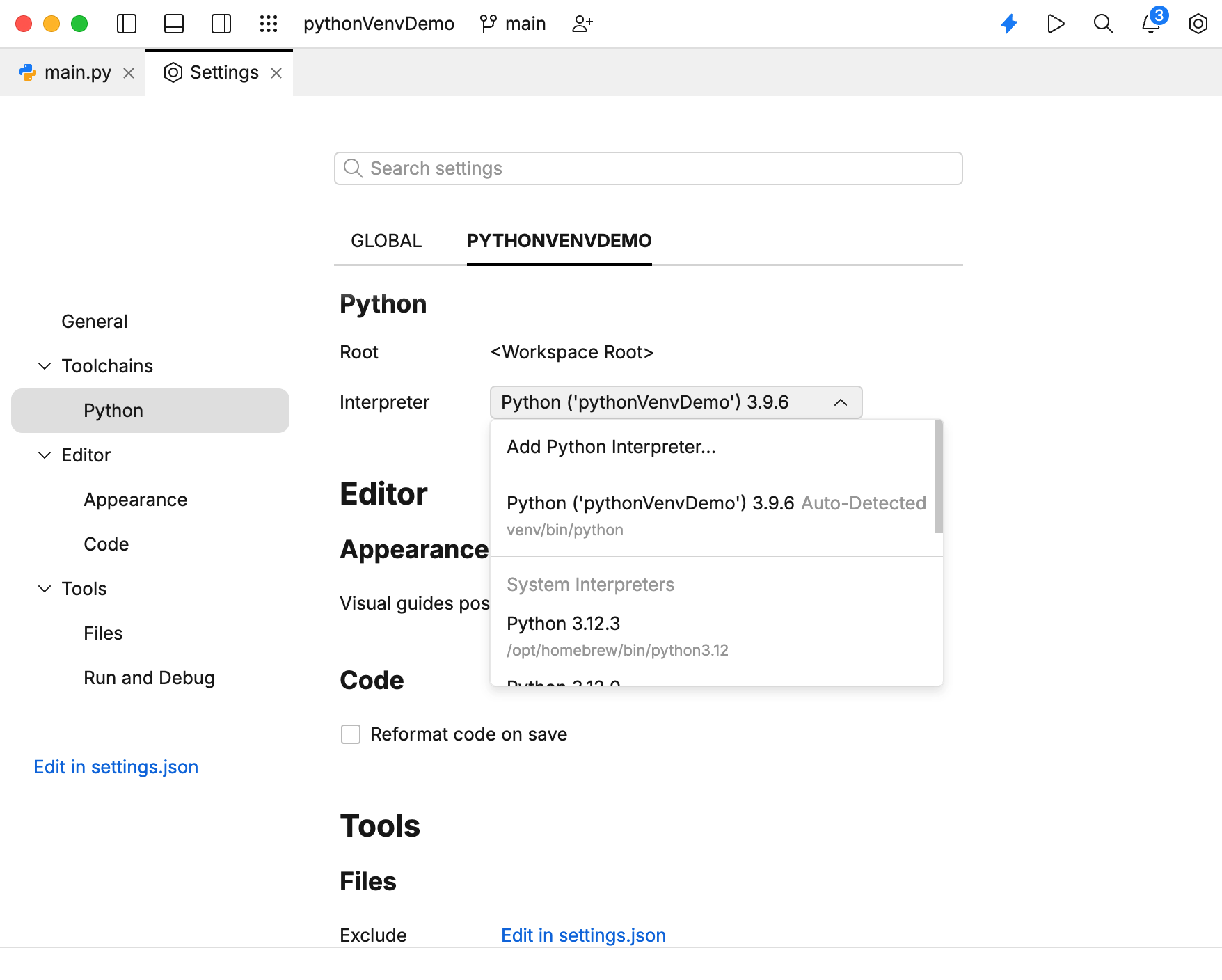 Selecting the Python interpreter