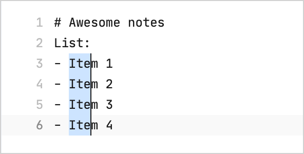 Multiple carets in the editor