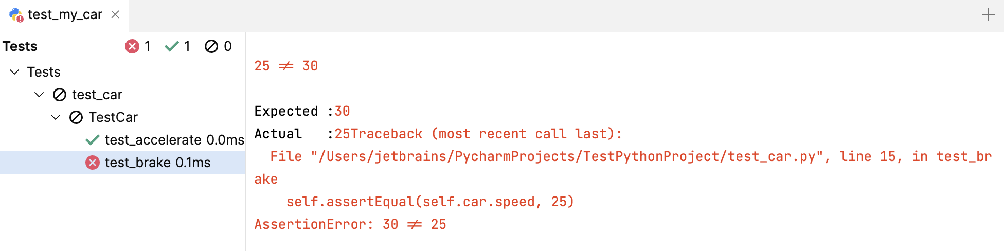 Failed test_brake method details