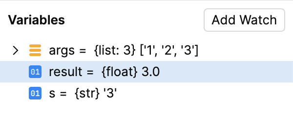 New values in the Variables panel