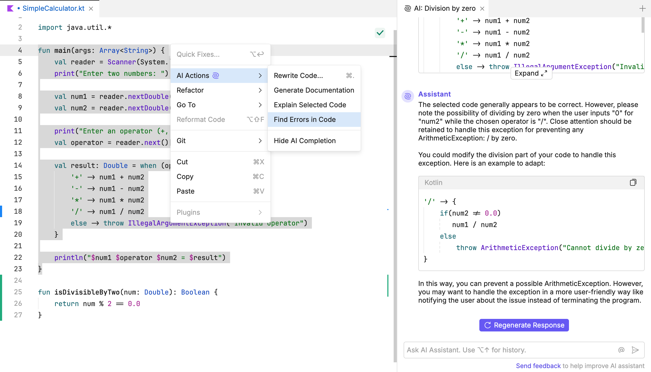 JetBrains Fleet: AI Assistant finds potential problems in the selected code