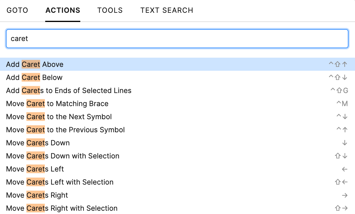 Searching for actions related to caret using Go to popup Searching for actions related to caret using Go to popup