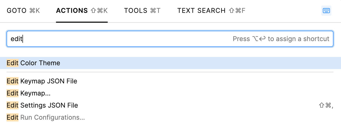 Edit Color Theme in the Go to Action popup Edit Color Theme in the Go to Action popup