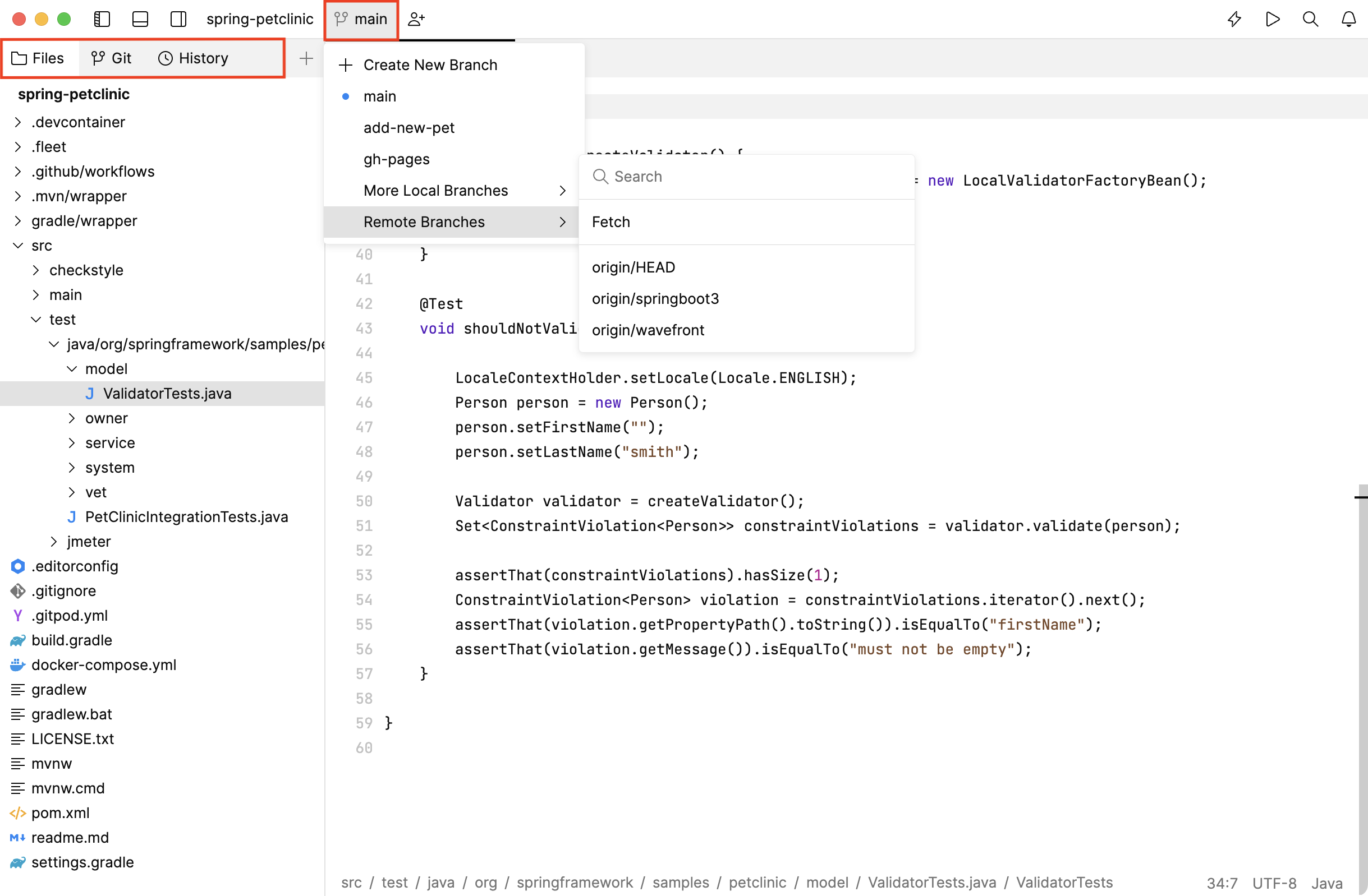 Left, bottom, and right panels with git-related view highlighted 