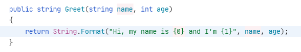 Highlighting of arguments and placeholders in string formatting methods