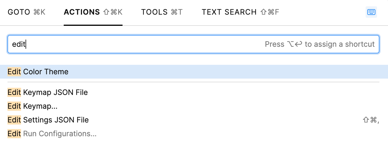 Edit Color Theme in the Go to Action popup