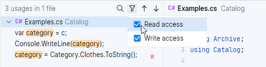 JetBrains Fleet: Find usages in C#. Filtering